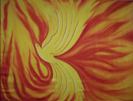 Picture Fire Dove on silk flag for praise and worship