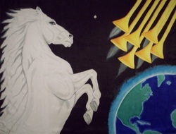 Picture of white horse with trumpets announcing the return of the Lord!