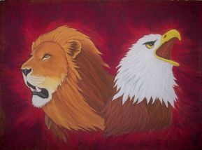 Picture of Lion of Judah and Eagle painted on silk fabric