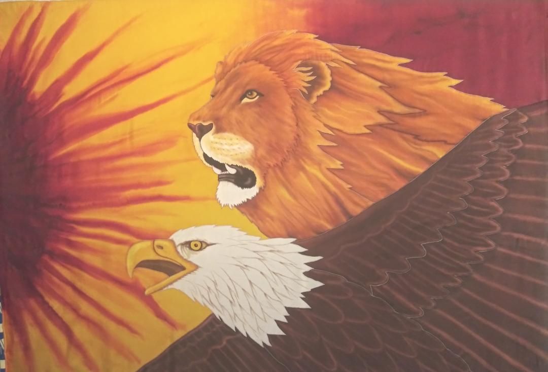 Silk praise flag with Eagle and Lion
